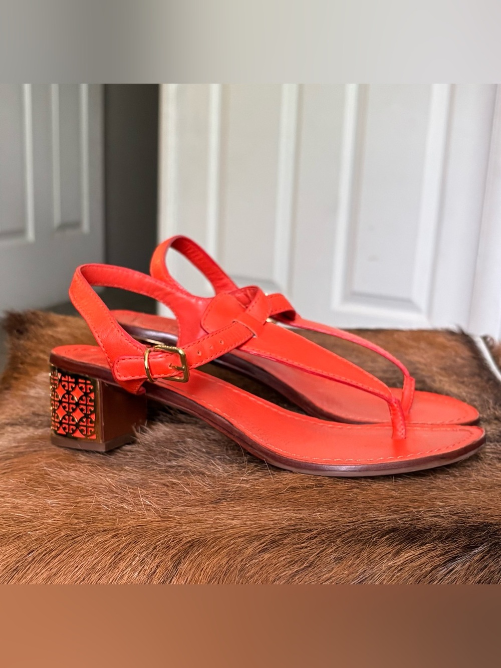 Tory Burch Audra Block Sandal Heel in Tiger Lily Orange